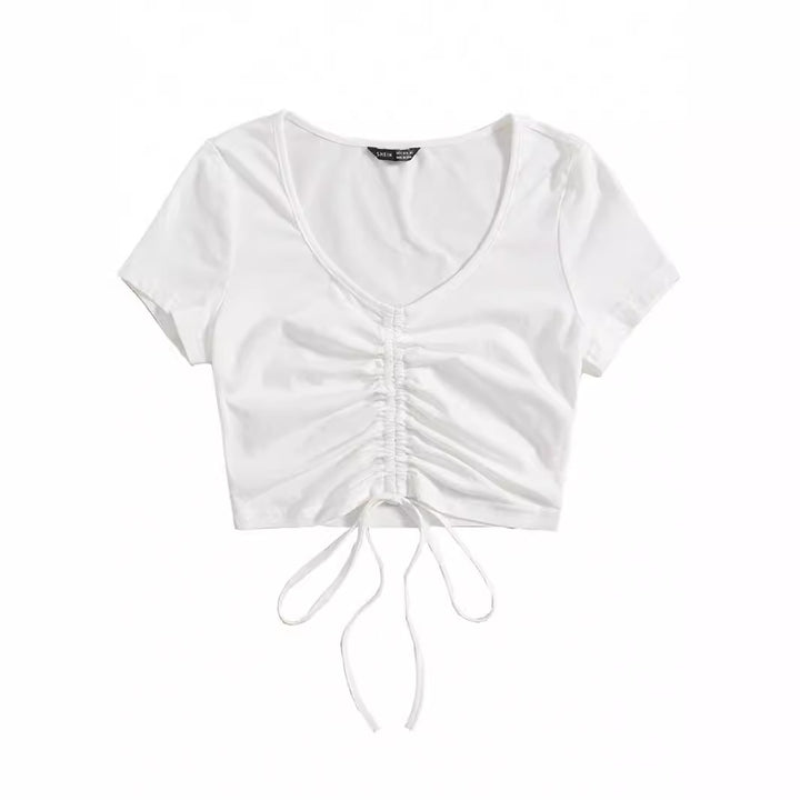 Dame Cropped Top med raffinerede flæse-detaljer og snøre Skovae