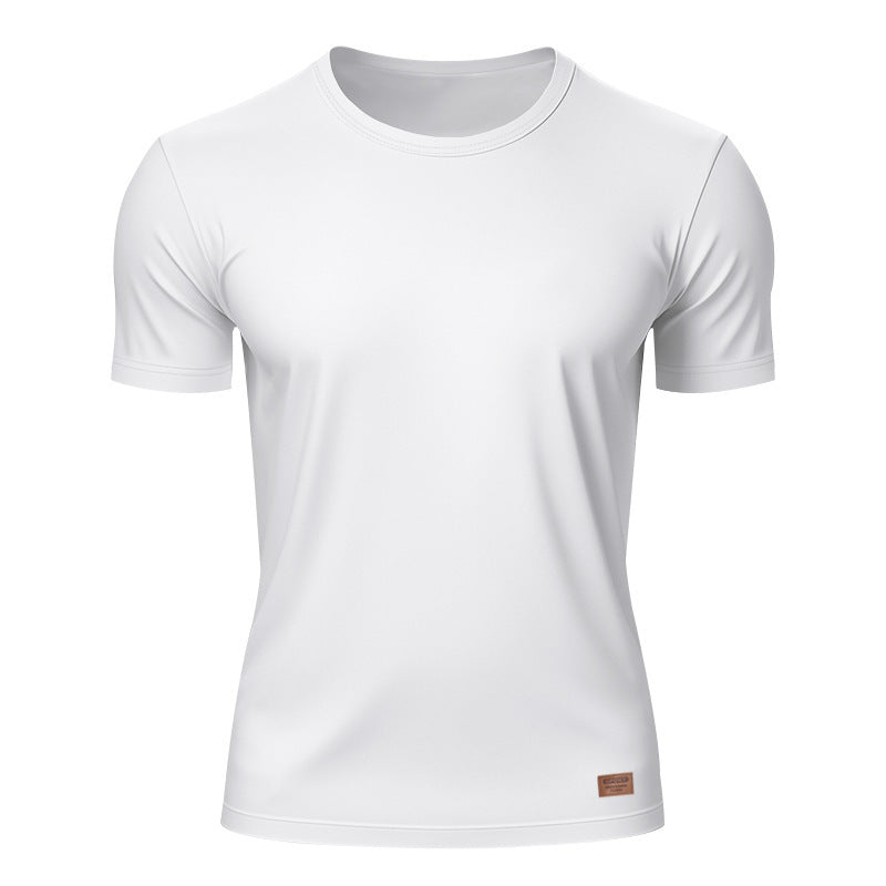 Herrer nan slankt Rundhals-T-shirt i glat stretchjersey med diskret læder-logoapplikation Skovae