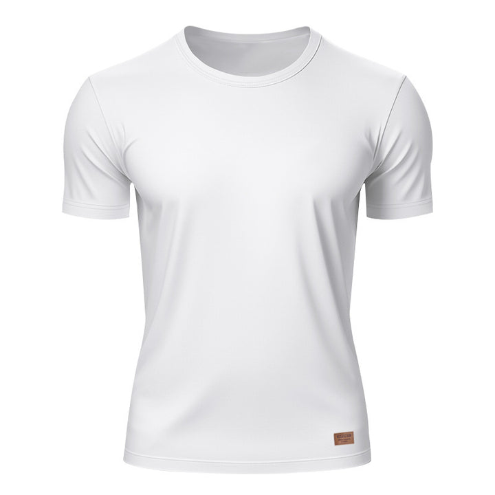 Herrer nan slankt Rundhals-T-shirt i glat stretchjersey med diskret læder-logoapplikation Skovae