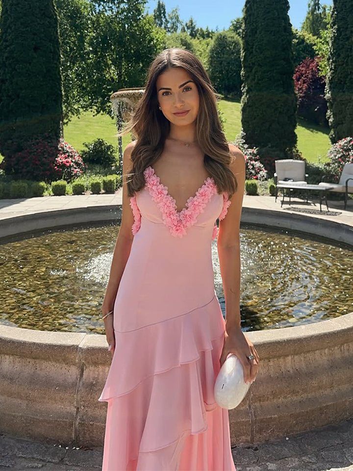 Dame Elegant Maxikjole med blomster Rüschen Stilla