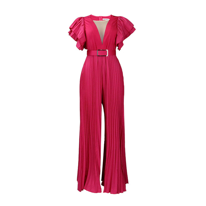 Dame Plisseret Jumpsuit med voluminøse Rynkede ærmer og taljeret Silhuet Stilla