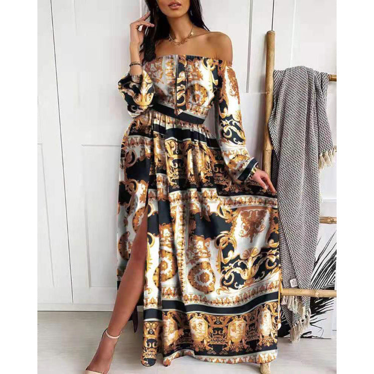 Dame Maxikjole i elegant Off-Shoulder stil med tiltalende mønstre og slidsdetaljer Stilla