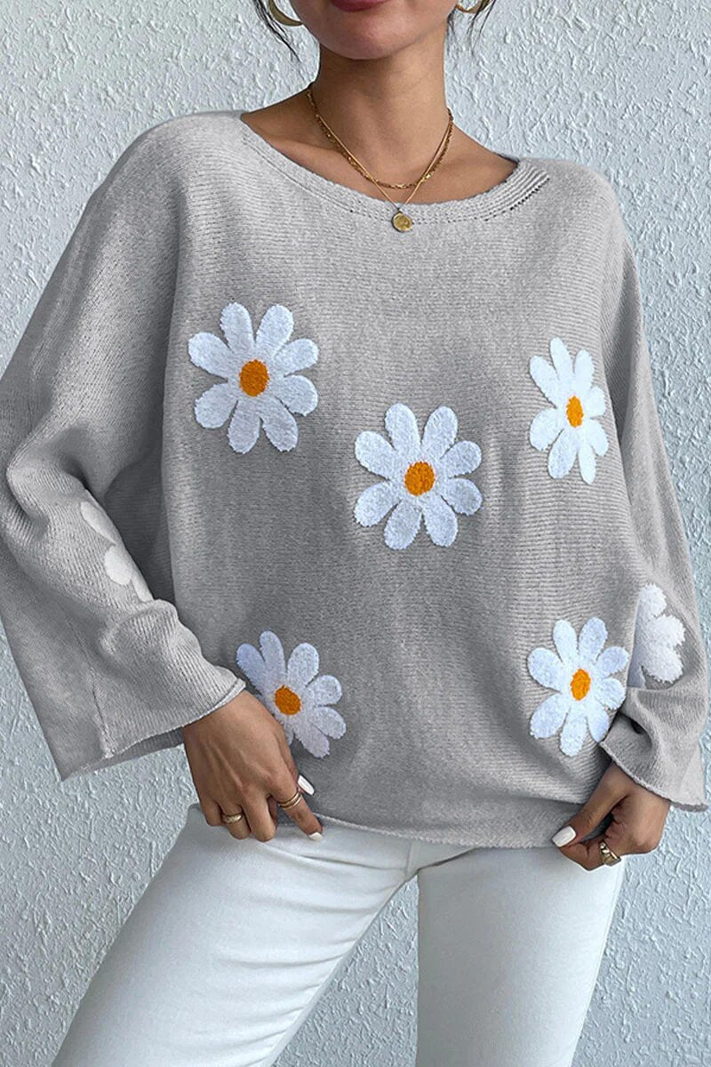 Kvindernes strikkede sweater med legende blomsterdesign og løs pasform Stilla