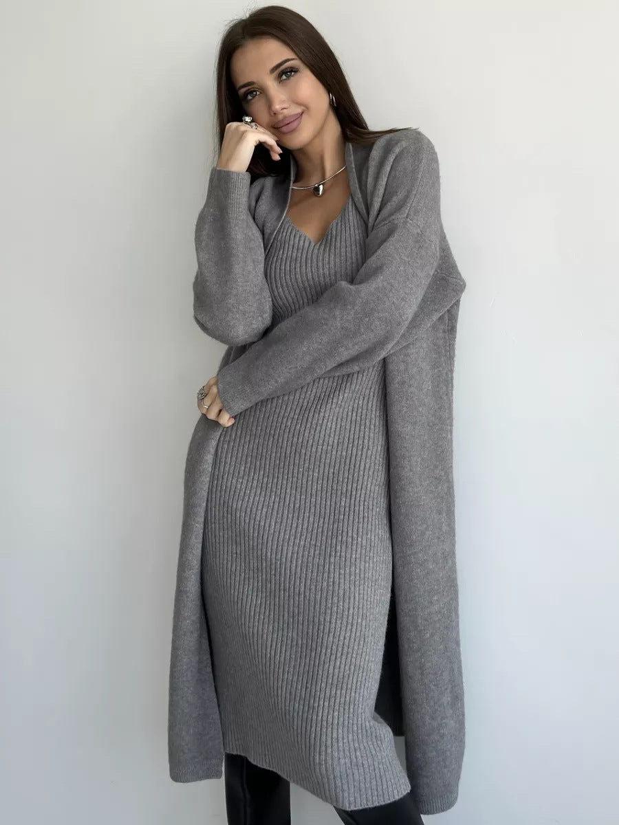 Dame ribstrik kjole med lang cardigan Stilla
