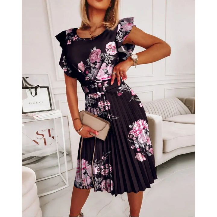 Dame Midi Kjole med folder og floral accent samt figursyet bælte Stilla