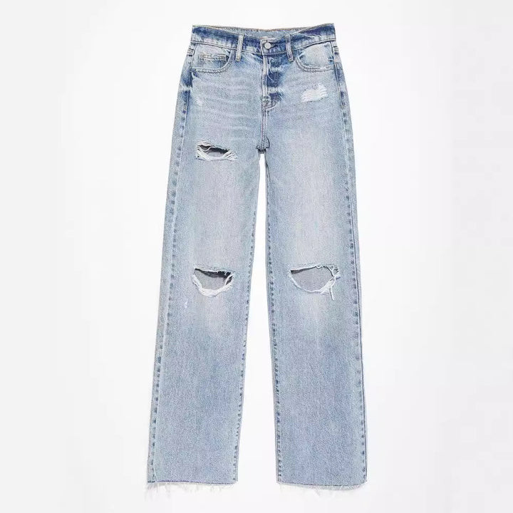 Dame High-Waist Ødelagte Jeans med frynset kant Stilla