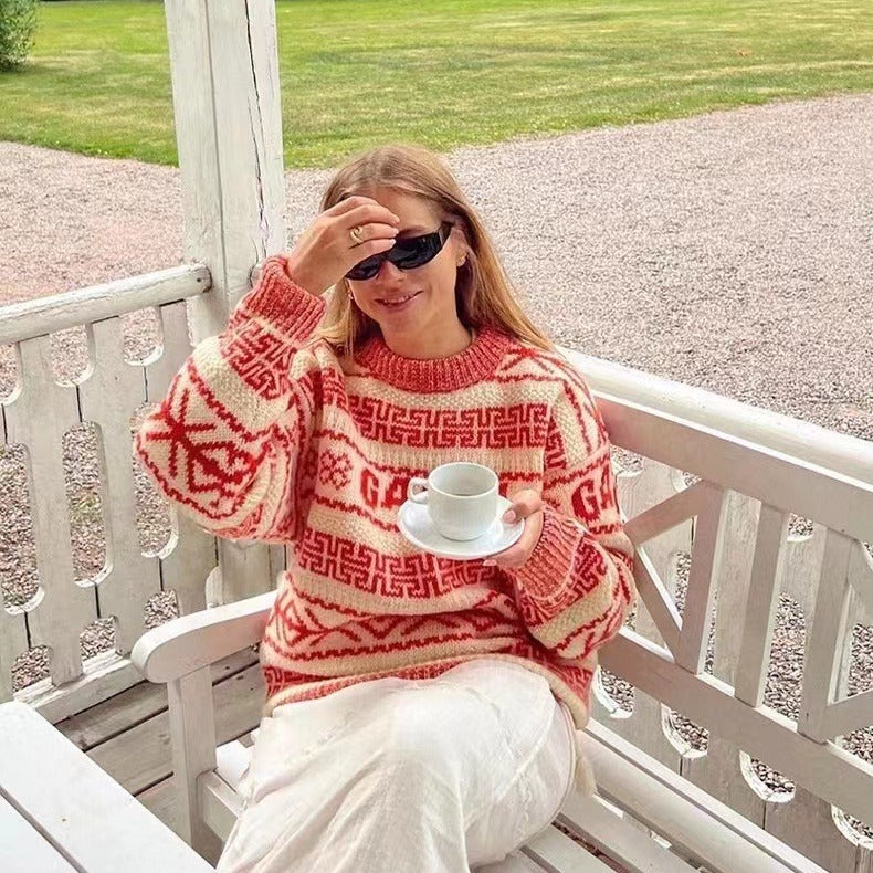 Dame Oversized Strikpullover med grafisk mønster og høj komfort Stilla