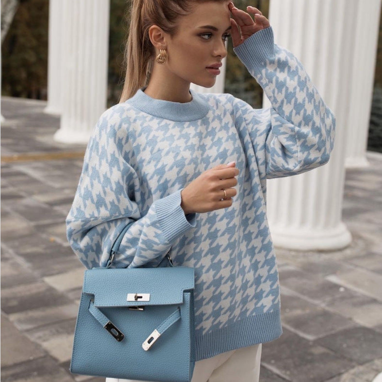 Kvinders oversized strikket sweater med ternet mønster Stilla