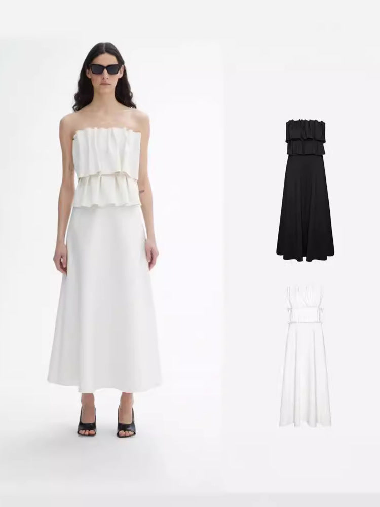 Dame elegant Maxi kjole med flæse detaljer og smart skulderudskæring Stilla