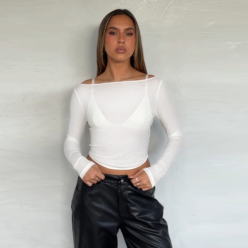 Kvindernes langærmede top med transparent mesh-design og off-shoulder look