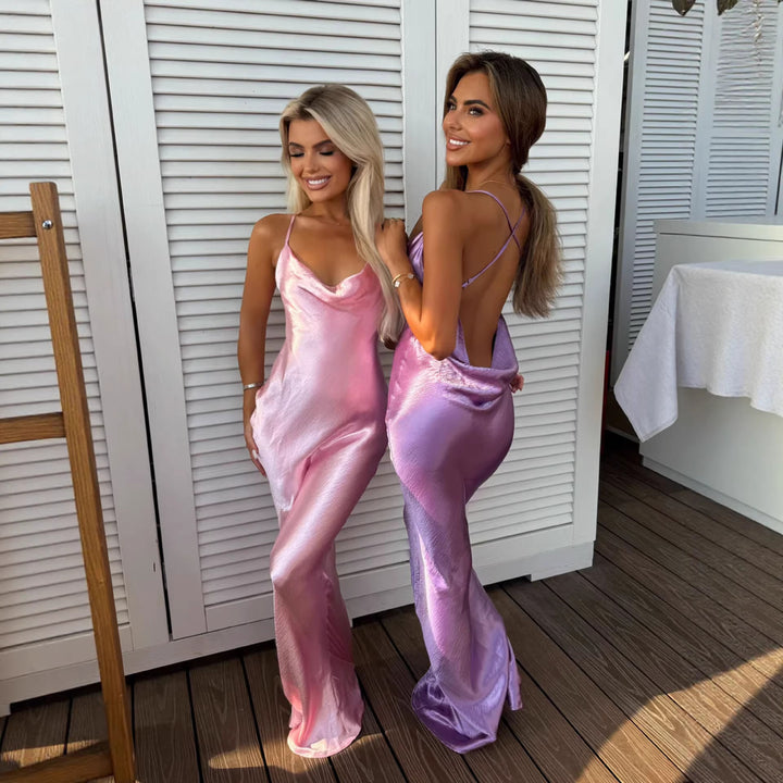 Dame glamour aftenkjole med glitrende satin og spaghetti-stropper Skovae