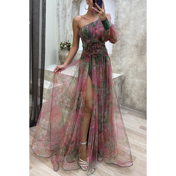 Dame Elegant One-Shoulder Maxikjole med floral chiffon og høj slidse Stiila