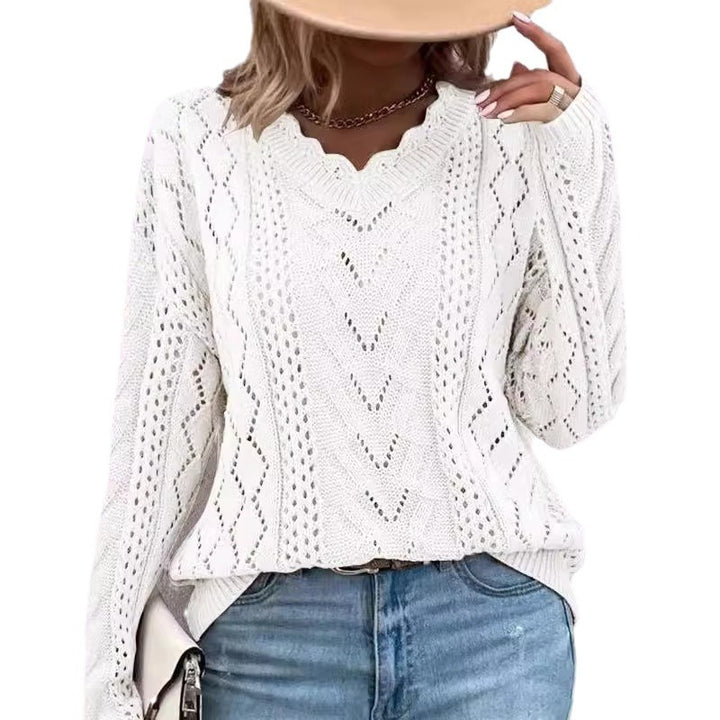Dame strikket pullover med raffinerede mesh strukturer og V-hals Stilla
