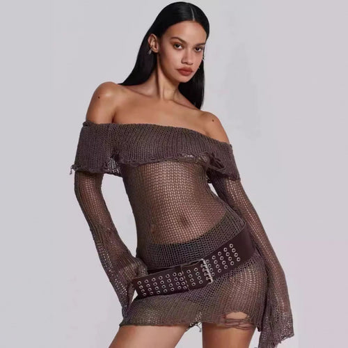 Dame Off-Shoulder Gennemsigtig Strik Mini Kjole Stilla