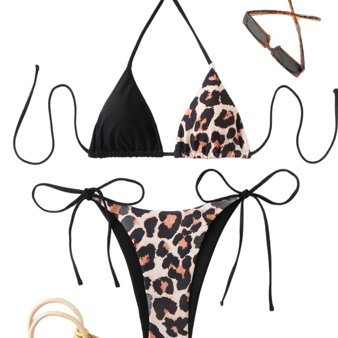 Dame triangel-bikini med dobbelt leopardmønster og justerbare sidesnore Skovae