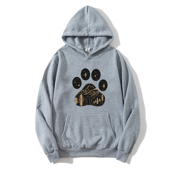 Dame hoodie med kreativ poteprint design og bjerglandskab Skovae