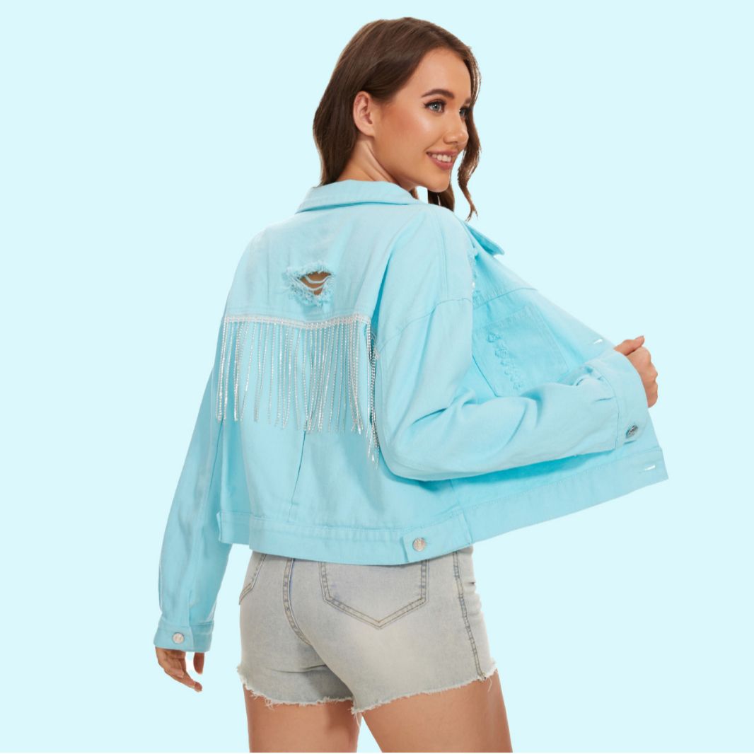 Dame denimjakke med iøjnefaldende frynsedesign og dekorative detaljer Stilla