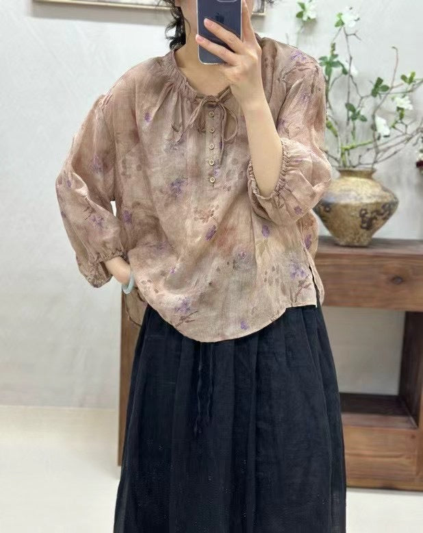 Femme Floral Print Let Knap-Bluse Stilla