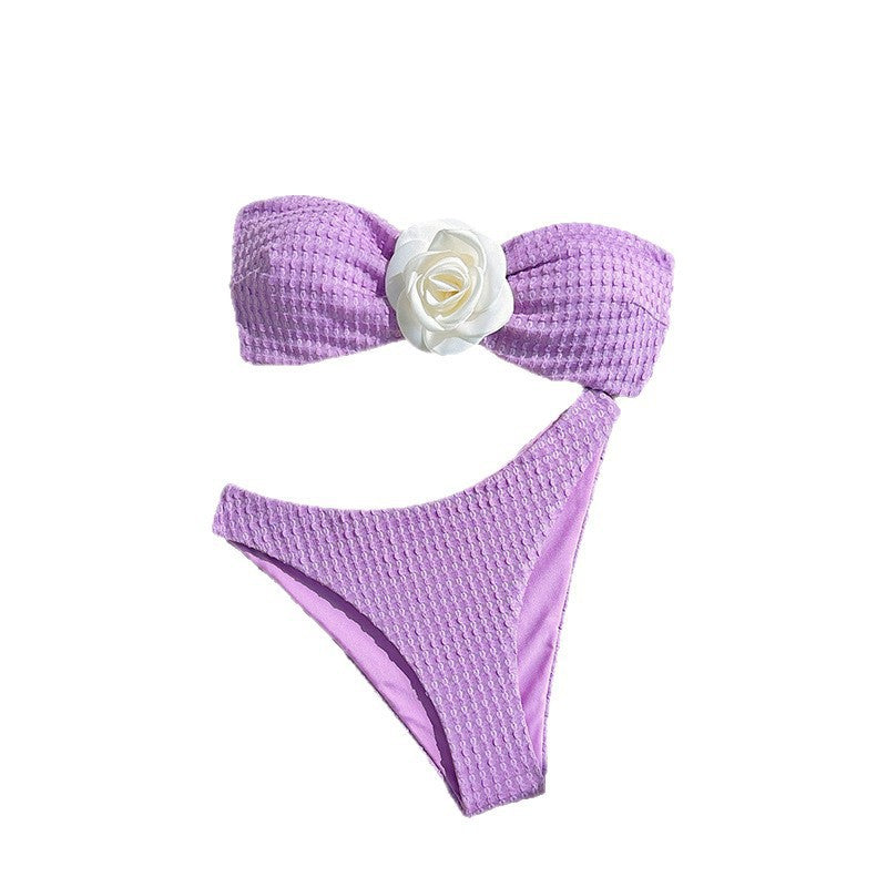 Dame bandeau-bikini med dekorative blomsterdetaljer og høj benudskæring Skovae