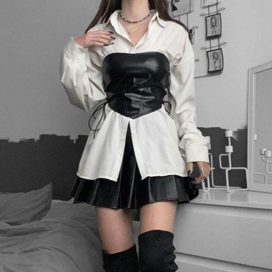 Dame Oversized Skjorte med moderne Korset og Lædernederdel Stilla