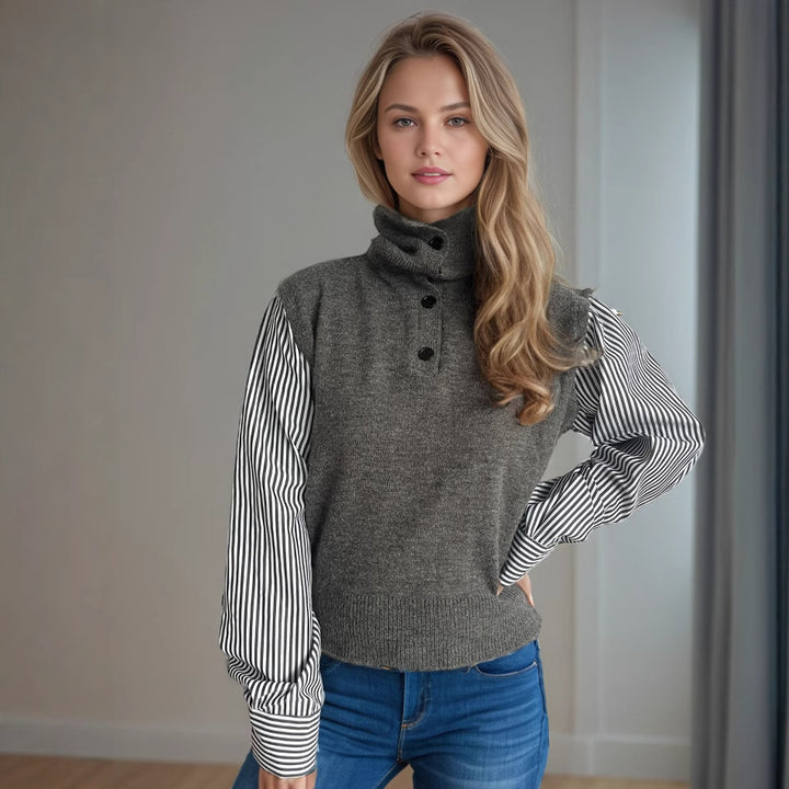 Dame strikket sweater med elegante puffærmer og moderne opretstående krave Stilla