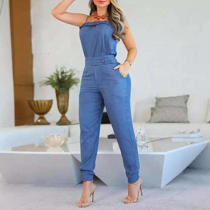 Dame afslappet jumpsuit med ruffles detaljer og justerbart taljebælte Skovae
