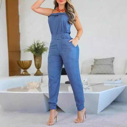 Dame afslappet jumpsuit med ruffles detaljer og justerbart taljebælte Skovae