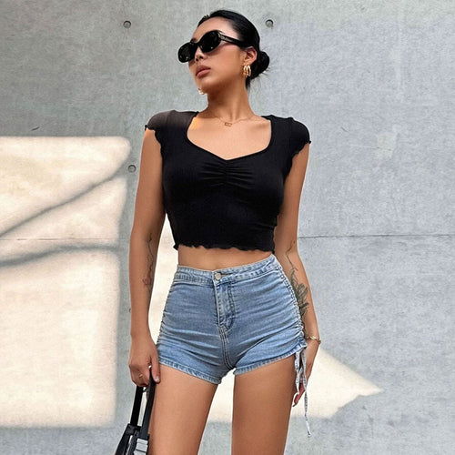 Kvinders cropped top med elastisk samling og trendy V-hals Stilla