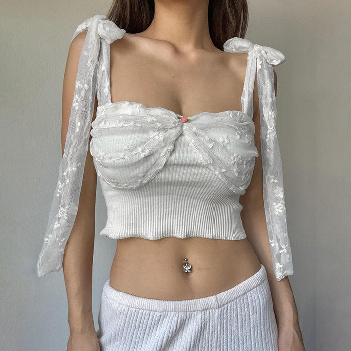 Dame Bustier top med transparente ruffles detaljer og sløjfer Stilla