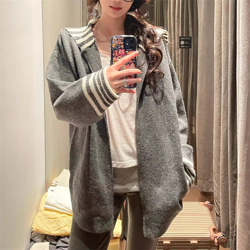 Dame mode afslappet cardigan med stribede ærmemanchetter Stilla