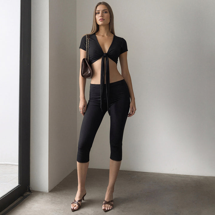 Damen modisches Crop-Top mit Bindeband und figurbetonten Leggings Skovae