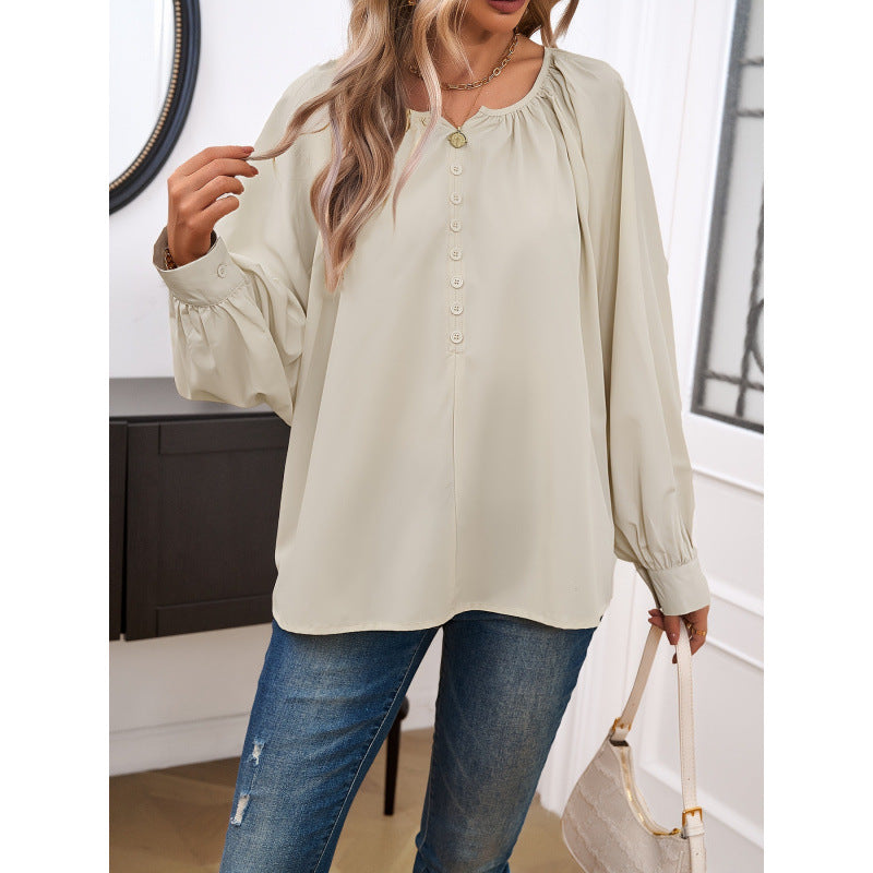 Dame Relaxed Fit Button-Up Bluse med bredde udvidede ærmer Stilla