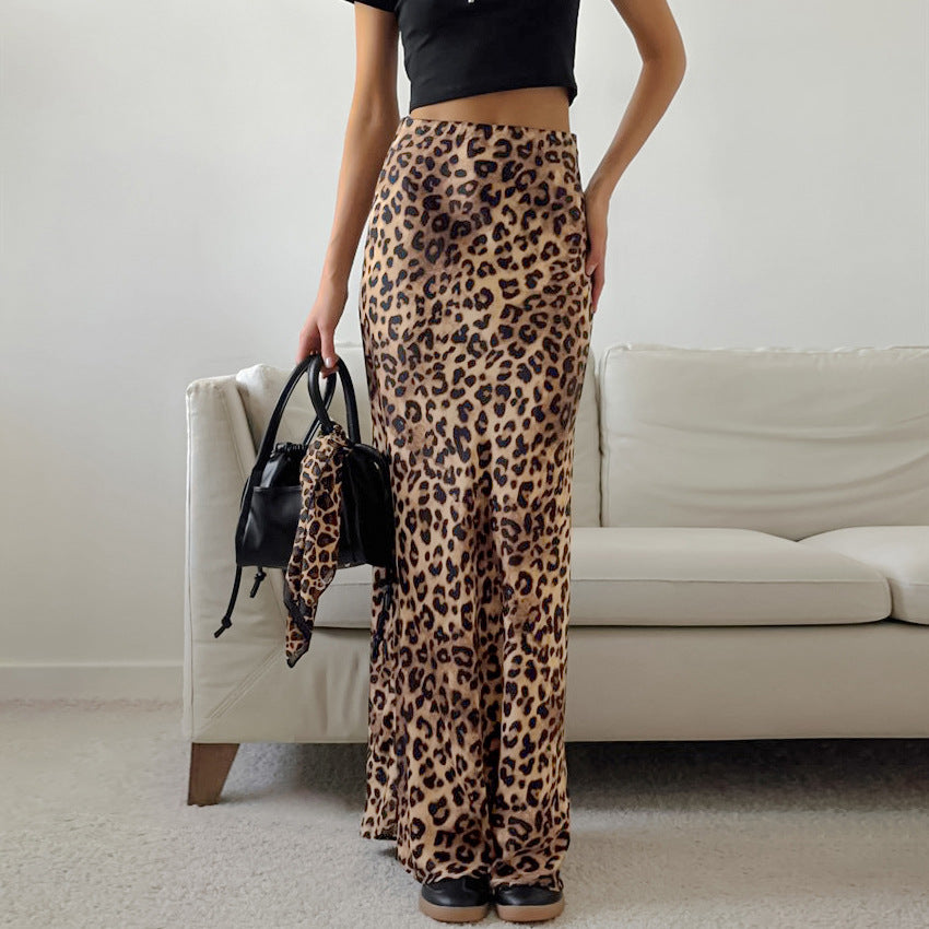 Dame Maxi-nederdel med trendy leopardmønster og elastisk liv Stilla