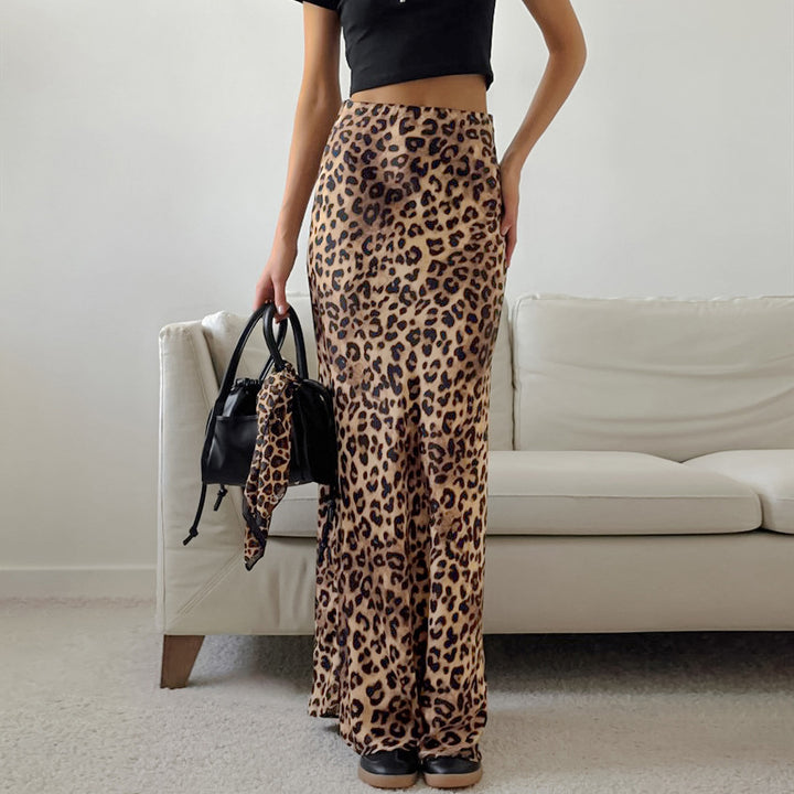 Dame Maxi-nederdel med trendy leopardmønster og elastisk liv Stilla