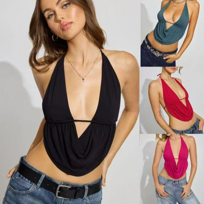 Dame afslappet halter-top med dyb v-hals og asymmetrisk drapering Skovae