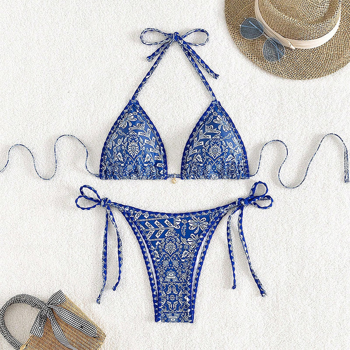 Dame triangel-bikini med legende mønster og elegante bindebånd Skovae