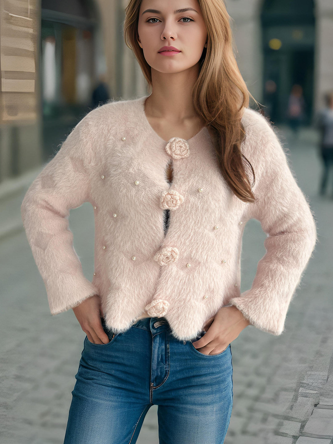 Kvinders fine cardigan med blomsterapplikationer og perleaccenter Stilla