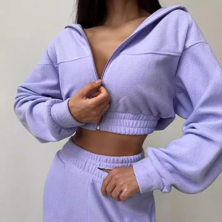 Kvinders sporty fleece crop top og joggingbukser sæt Skovae