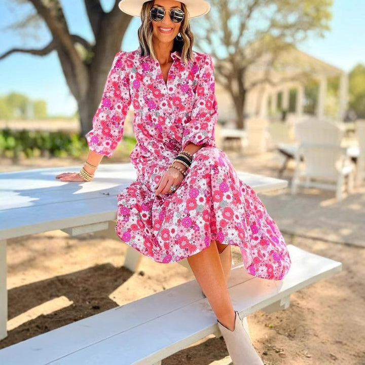 Dame Floral Print Maxi Skjorte Kjole Stilla