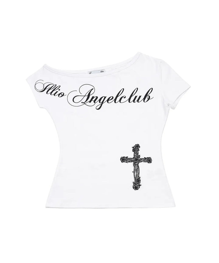 Dame Off-Shoulder T-Shirt med korsmotiv Skovae