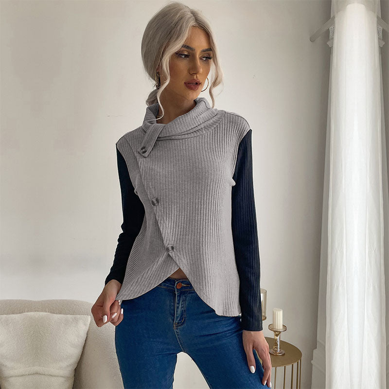 Dame strikoverdel med asymmetrisk reverskrave og dekorative knapper Stilla