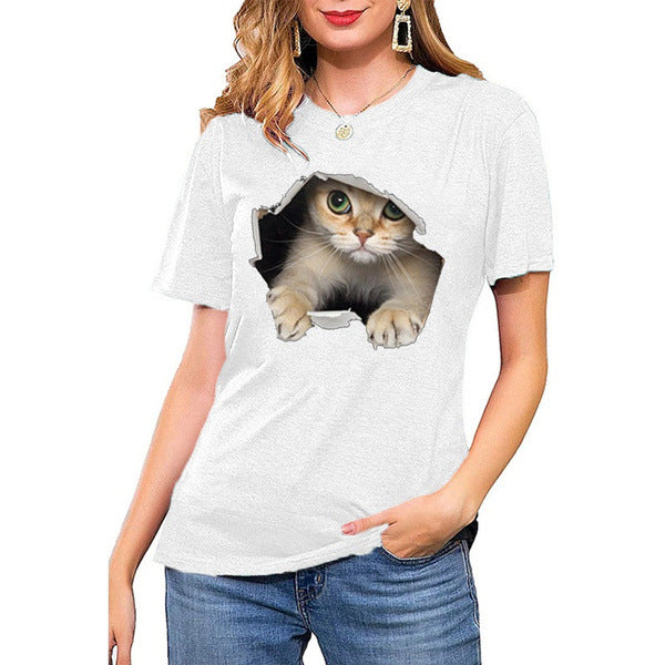 Dame T-shirt med kreativ kattemotiv og struktureret pasform Stilla