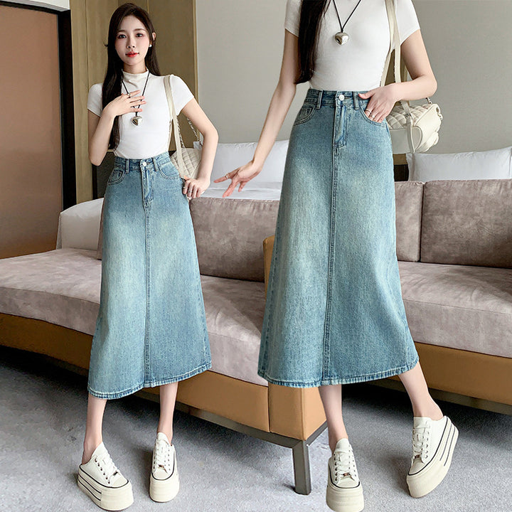 Kvindernes denim maxi nederdel med sideslids Stilla