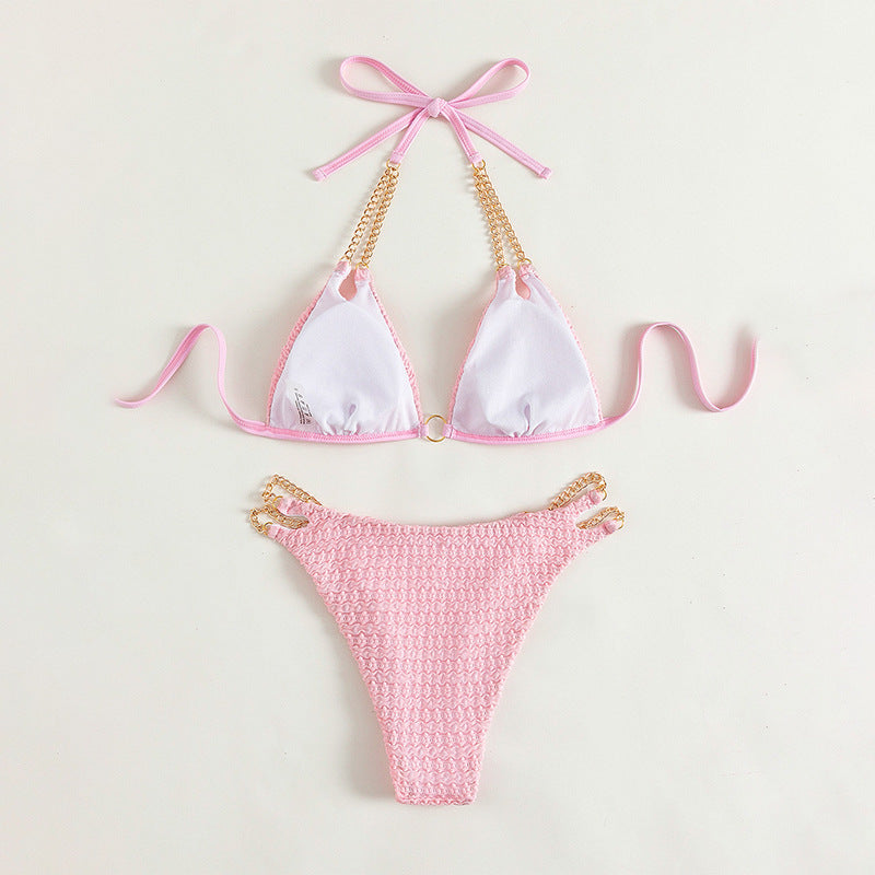 Dame triangel-bikini med elegante kæde-detaljer og raffinerede snøringer Skovae