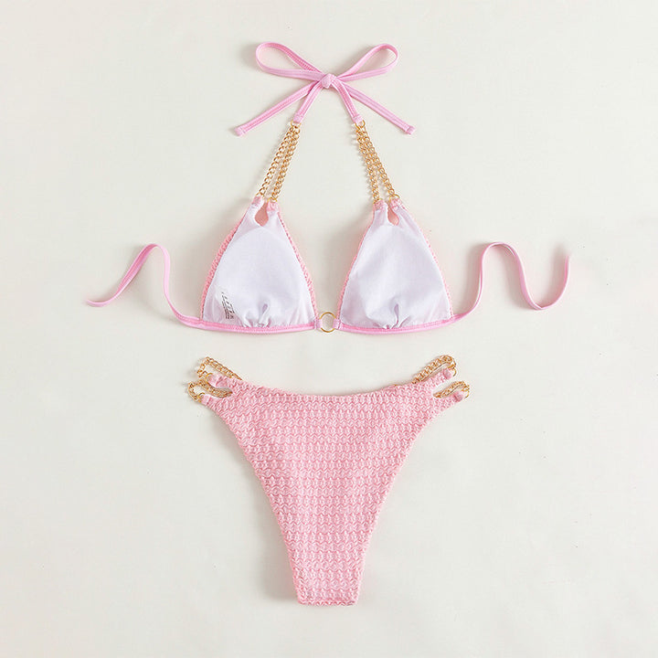 Dame triangel-bikini med elegante kæde-detaljer og raffinerede snøringer Skovae