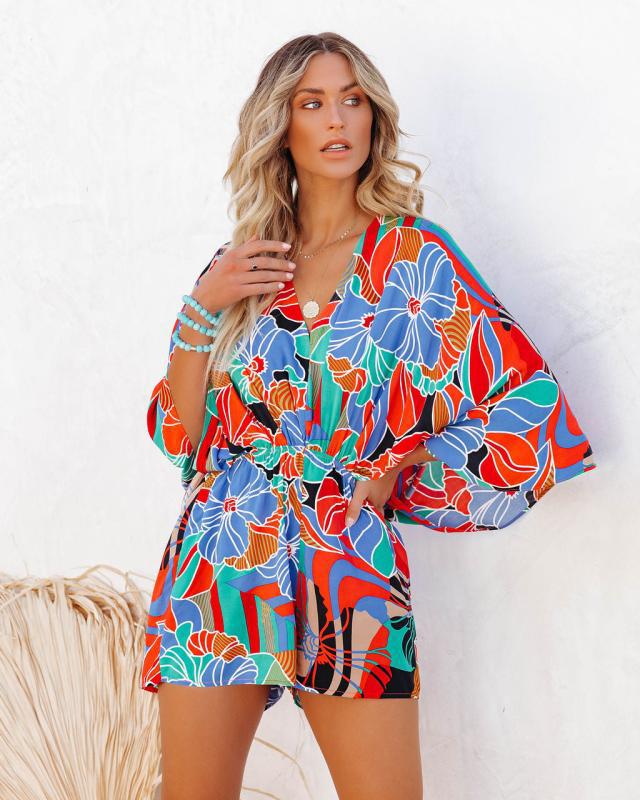 Dame Kimono-stil Strandkjole med floralt design og taljeindskæring Stilla
