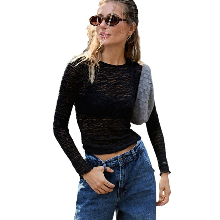 Dame Longsleeve Shirt i gennemsigtig lace med fine mønster Stilla