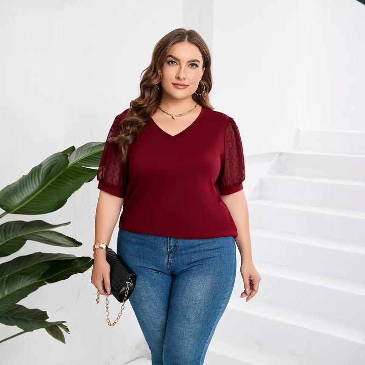 Damer elegant bluse skjorte med gennemsigtige puffærmer og V-hals Skovae