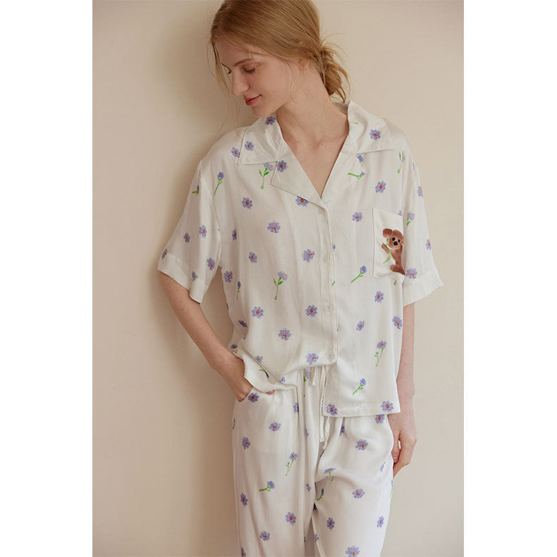 Dame kortærmet pyjamas med farverigt dyremotiv og elastisk talje Stilla