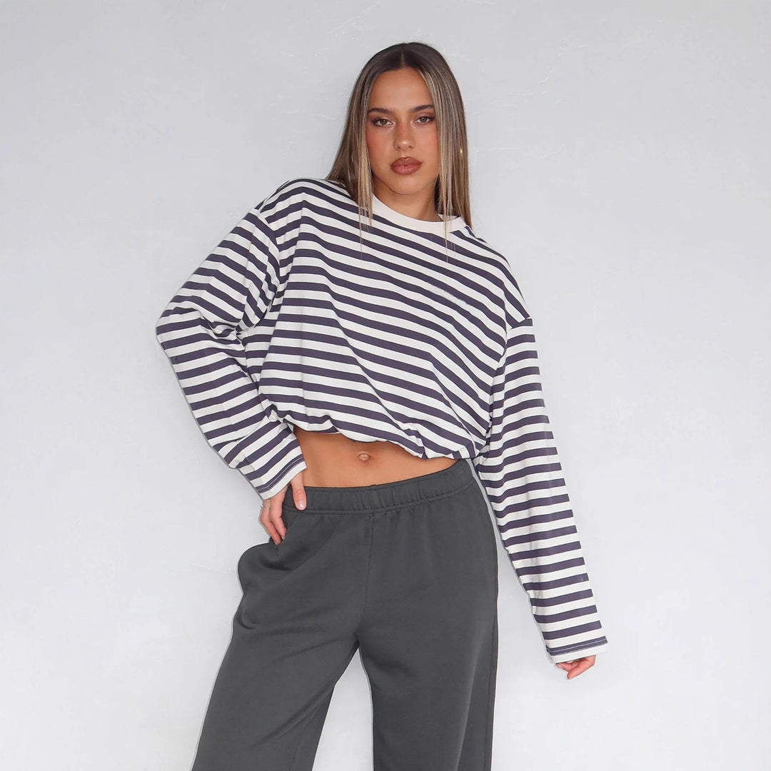 Kvindernes cropped sweatshirt med striber og elastisk talje Skovae